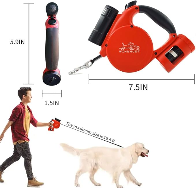 360° Tangle-Free Retractable Dog Leash with Flashlight, Dispenser and Poop Bag Heavy-Duty Nylon Tape for Small, Medium Dogs and Cats One-Handed Brake and Lock, Red