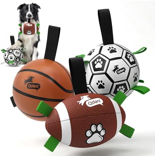 QDAN Dog Soccer Ball Football Basketball Set - 3 PCS Dog Balls with Strap for Tug of War, Soccer Ball Football Toys for Small Medium Large Dogs, Herding Ball for Dogs, Dog Birthday Toy by QDAN