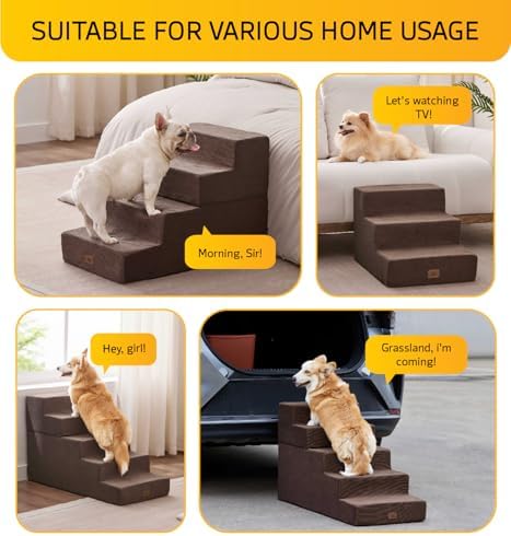 ABCPET Dog Stairs for High Bed, Dog Steps for Bed Couch Sofa, 35D Foam Extra Wide Pet Steps for Small Dogs and Cats, Pet Stairs with Non-Slip Bottom Brown, 4 Steps - Image 2
