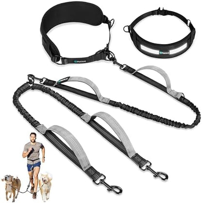 PetAmi Hands Free Double Dog Leash with Padded Lumbar Waist Belt, 360 No-Tangle Swivel Coupler, Bungee Shock Absorbing Dual Leash for Two Dogs Medium Large, Reflective, Black by PetAmi