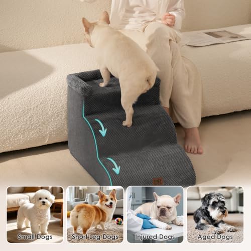 EHEYCIGA 3-Step Curved Dog Stairs for Dogs, Dog Ramp for Couch 14" H, Grey - Image 2
