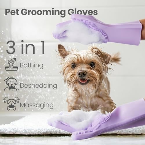 Silicone Pet Grooming Gloves Dog Washing Gloves for Bathing, 1 Pair Purple - Image 2