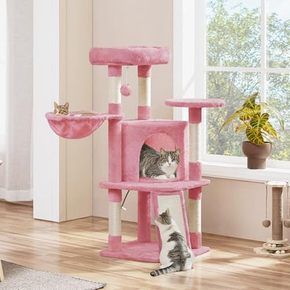 Yaheetech Cat Tree, 42in Play Tower for Indoor Cats, Kitten House with Large Perch & Scratching Posts & Cozy Condo & Scratching Ramp, Cat Furniture Activity Center, Pink - Image 2
