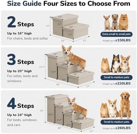 3-Step Wide Dog Stairs with Hidden Storage 18" H, Non-Slip Dog Steps for High Bed Couch Window Car, Jiont-Friendly Pet Stairs Ramp for Small/Medium/Large Old Dogs Cats Up to 220lbs, Beige - Image 2