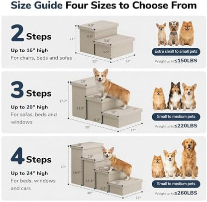 3-Step Wide Dog Stairs with Hidden Storage 18" H, Non-Slip Dog Steps for High Bed Couch Window Car, Jiont-Friendly Pet Stairs Ramp for Small/Medium/Large Old Dogs Cats Up to 220lbs, Beige - Image 2