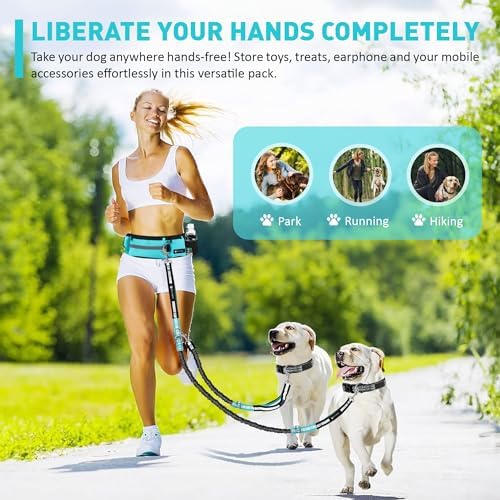 Waist Leash for Double Dog Walking 2 Medium and Large Dogs; Shock-Absorbing, No Pull, No Tangle, Heavy Duty, Hands-Free Double Bungee 2 Dog Leash; Hiking, Walking, Running Gear with Multiple Pockets - Image 3