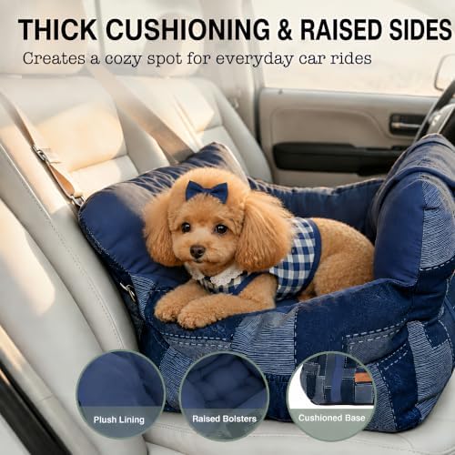Denim Dog Car Seat for Small Dogs Up to 16 lbs, Thick Cushioned Puppy Booster Seat with Raised Sides, Plush Interior, Tether Clip, Nonslip Bottom, Adjustable Straps for Front & Rear Car Seats - Image 5