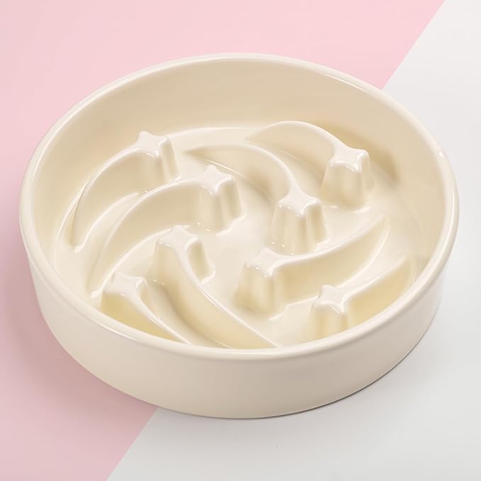8.26 in Milk White Dog Bowl Slow Feeder Ceramic for Medium and Large Breed,Pet Feeding Dog Food Water Dish Heavy Weighted,Puppy Bowl for Fast Eaters,Puzzle Slow Eating Dish Modern Maze Meteor