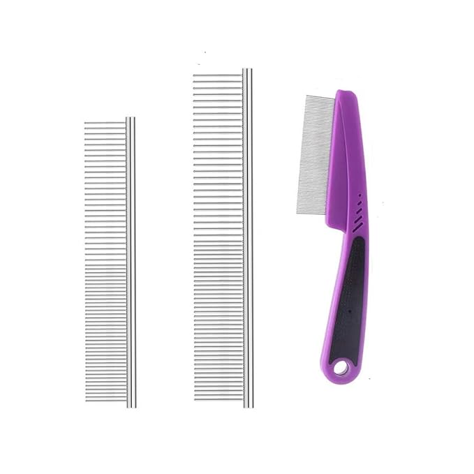 3 Pack Dog Combs Cat Comb Flea Comb Professional Grooming Tool for Long and Short Haired Dog Cat and other pets Stainless Steel Dog Cat Grooming Combs with Rounded Tooth for Remove Fleas Lice Eggs
