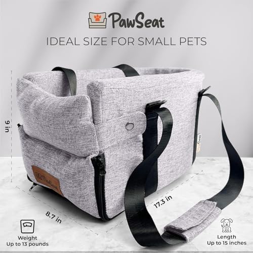 Center Console Dog Car Seat for Small Dogs and Puppies 5-13Lbs, Ideal Armrest Booster Car Travel Seat with Safety Protection Seat Belts, Storage Pockets - Reduces Anxiety (Woven - Grey) - Image 2