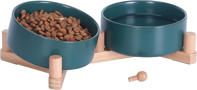 Ceramic Dog Bowl and Cat Bowls Set with 15° Adjustable Wood Stand, Non-Slip Weighted Pet Food and Water Bowls, Dual Raised Feeder for Small Dogs, Matte Glaze Pet Dish 13.5oz Set of 2 (Forest Green)