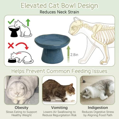 VCEPJH Elevated Cat Bowls 6.1in Shallow Cat Food Plate Pack of 2 Ceramic Raised Cats Dish Flat Anti Whisker Fatigue Wide Pet Food & Water Feeder for Indoor Kitty Kitten (Blue) - Image 3