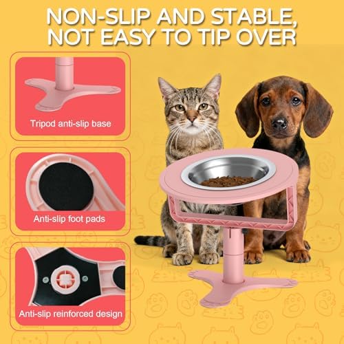 Raised Cat Bowls with Height-Adjustable Stand 15° Tilted Cat Food Bowls Non-Slip Feeder Adjusts to 2.4", 4.02",5.98" with Stainless Steel Bowls Whisker Friendly for Cats and Puppy (Pink) - Image 6