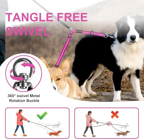 MingXpet Double Dog Leash for Two Dogs, No Pull Dog Leash, 360° Swivel No Tangle for Large Dogs Walking & Training, Shock Absorbing Reflective Bungee, Rose - Image 4