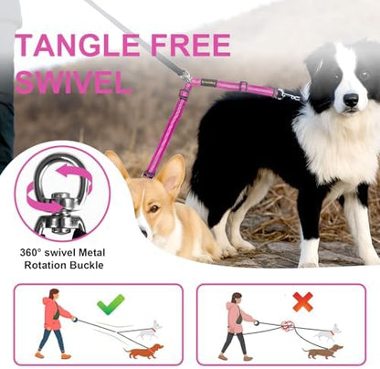 MingXpet Double Dog Leash for Two Dogs, No Pull Dog Leash, 360° Swivel No Tangle for Large Dogs Walking & Training, Shock Absorbing Reflective Bungee, Rose - Image 4