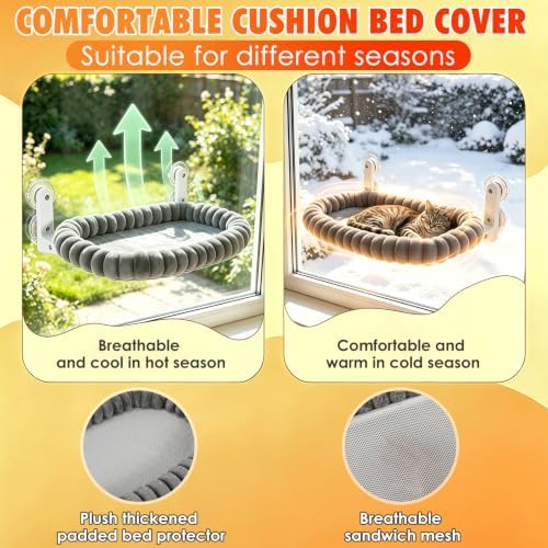 IPOW Cat Window Perch Cordless Foldable Cat Hammock Bed for Window with 4-Sided Bolster, Sturdy Metal Frame & Strong Suction Cups Window Hammock for Large Cats and Kittens 23.3 * 15.8in(Gray) - Image 6