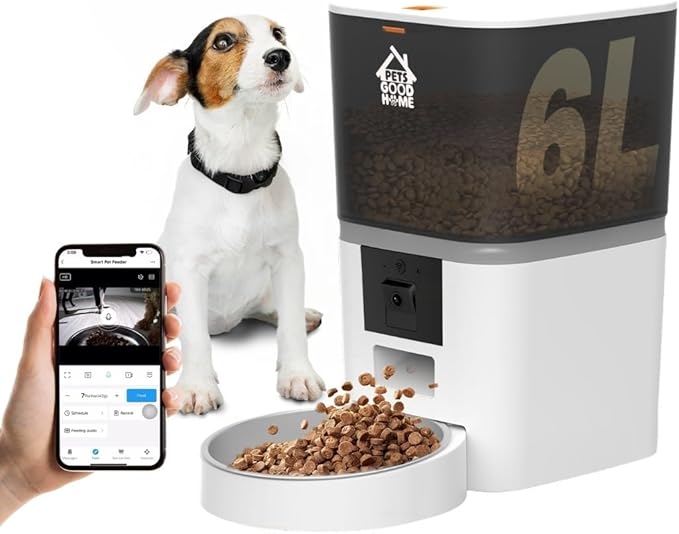 6L Automatic Cat Feeder with Camera – WiFi Smart Pet Feeder for Cats & Dogs, HD Video with Night Vision, App Control, 2-Way Audio, Portion Scheduling – White