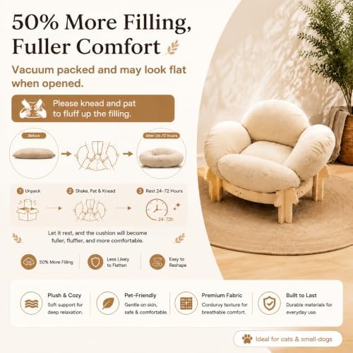 Wooden Elevated Cat Bed, Pet Sofa Furniture with Washable Cushion (Beige) - Image 5