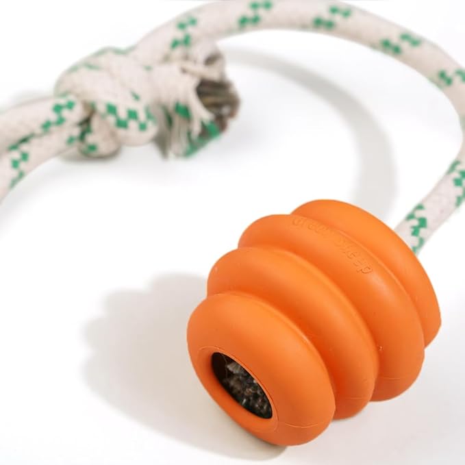 Green Sheep Natural Rubber Dog Ball Rope Toy, Interactive Dog Toy for Small to Large Dogs, Tug of War & Outdoor Play, Orange, Recycle Cotton Rope, Tough Dog Toys