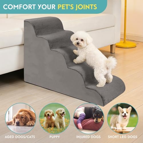 Dog Stairs for Small Dogs, 22.8" H Pet Stairs 5-Steps Ramp for Puppy, Older Cat, Stairs with Whole 30D High Density Foam, Corduroy Fabric, Non-Slip Bottom Dog Steps for Bed and Couch (Grey, 5-Step) - Image 6