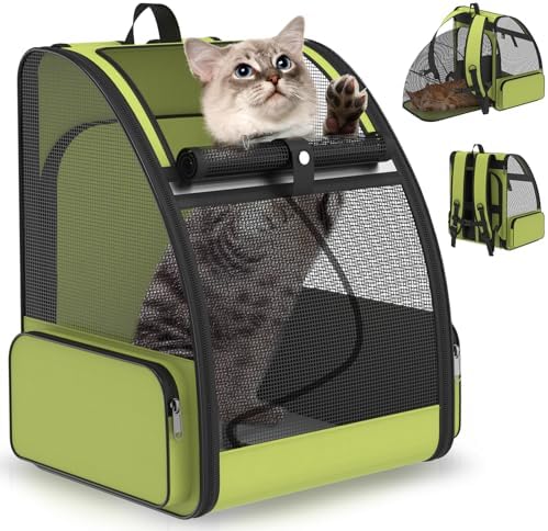 Cat Backpack Carrier for Travel Hiking: Expandable Foldable Breathable Mesh Soft Sided Ergonomic Design Small Dog Puppy Kitty up to 15lbs Camping Outdoor Green by ipetstation