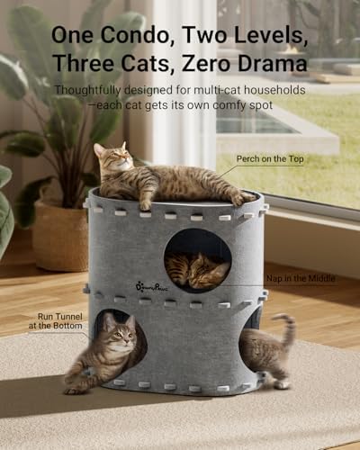 DownyPaws Cat House for Indoor Cats, 2-Storey Cat Bed Cave, Light Gray - Image 2