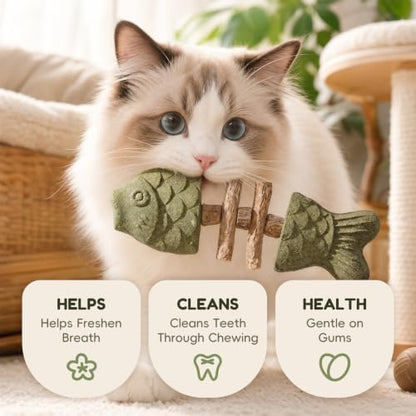 2026 Upgraded 2 Pack Fish Bone Cat Dental Toy, Natural Catnip & Silvervine Dental Chew Sticks, Effective Cat Teeth Cleaning, Long-Lasting Wooden Feline Oral Care Tool - Image 2