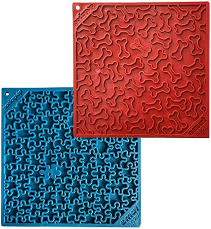 SodaPup Red Bones & Blue Jigsaw eMat Bundle – Durable Lick Mat Feeder Made in USA from Non-Toxic, Pet-Safe, Food Safe Rubber for Avoiding Overfeeding, Digestive Health, Calming, & More by SodaPup