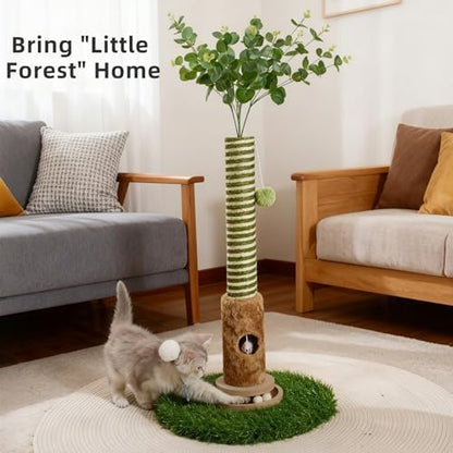 Cat Scratching Post, Two Tone Tall Sisal Scratch Pole For Indoor Cats,Artificial Turf Base Cat Tower With Hanging Toy,Double Ball Track & Simulated Mouse Hole,Strong Post For Kittens/Cats (35 in Post) - Image 4