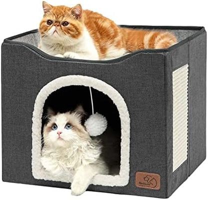 Bedsure Cat House Bed for Indoor Cats with Fluffy Ball and Scratch Pad by BEDSURE