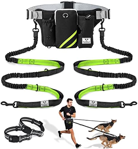 SHINE HAI Retractable Hands Free Dog Leash with Dual Bungees for 2 Dogs, Adjustable Waist Belt, Reflective Stitching Leash for Running Walking Hiking Jogging Biking Black - Green1 by ShineHai