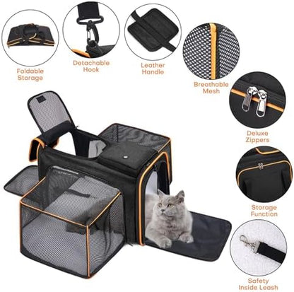 Pet Carrier, Large Soft Sided Expandable Travel Carrier with Steel Frame, Anti-Scratch Mesh, Removable Fleece Pad and Pockets for Cats, Dogs and Small Animals up to 15 lbs (Black, 4 Sides Expandable) - Image 4