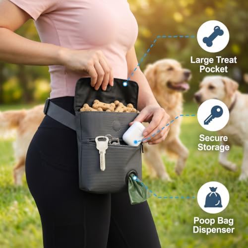 Dog Treat Pouch and Dog Training Clicker, Treat Bag with Poop Bag Dispenser, Powerful Magnetic Clasp, Metal Clip Waist Belt Fanny Pack for Pet Walk Dog Training (Dark Grey) - Image 6