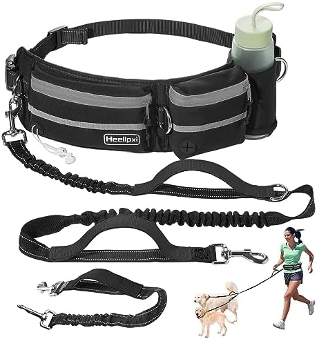 Hands-Free Waist Leash with Pouch for Two Dogs: Reflective Stitching, Dual Handle & Bungee Retractable Design – Ideal for Medium to Large Dogs (Grey) – Dog Walking Accessories by Heellpxi