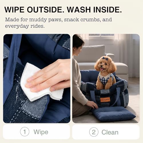 Denim Dog Car Seat for Small Dogs Up to 16 lbs, Thick Cushioned Puppy Booster Seat with Raised Sides, Plush Interior, Tether Clip, Nonslip Bottom, Adjustable Straps for Front & Rear Car Seats - Image 7