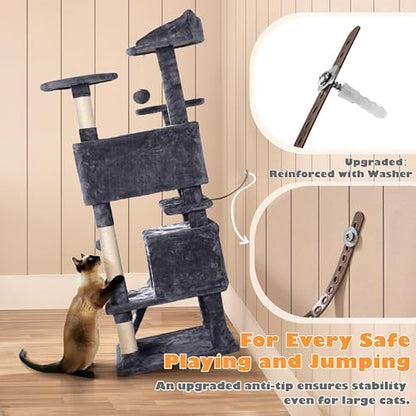 Yaheetech 54in Cat Tree Tower, 2 Caves, Kitten-Ear Perch & Scratching Posts - Image 5