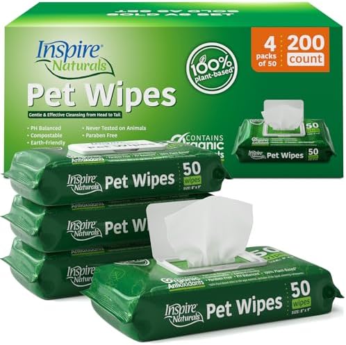 Inspire Naturals Pet Wipes for Dogs and Cats 100% Natural Plant Based with Organic Antioxidants, Dog Wipe Cleaning Deodorizing | Cat Wipes | Puppy Wipes | Dog Wipes for Paws and Butt (200ct - 4 Pack) by Inspire