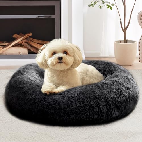 JOLLYVOGUE Calming Small Dog & Cat Bed for Indoor Cats - 20 inches Washable Donut Bed for Kittens & Puppies, Anti-Anxiety Round Fluffy Plush Pet Beds (Fits up to 15 lbs, Black) by JOLLYVOGUE
