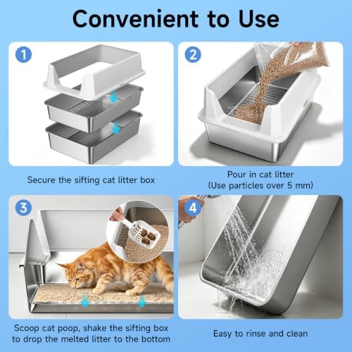 Stainless Steel Sifting Cat Litter Box for Pine Pellets, Light Gray - Image 4