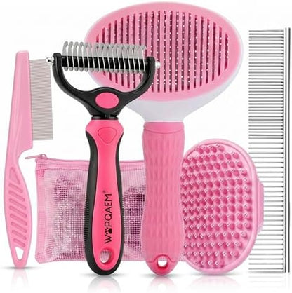 5-in-1 Dog Grooming Kit with Self Cleaning Brush & Rake, Pink by WOPQAEM%C2%AE