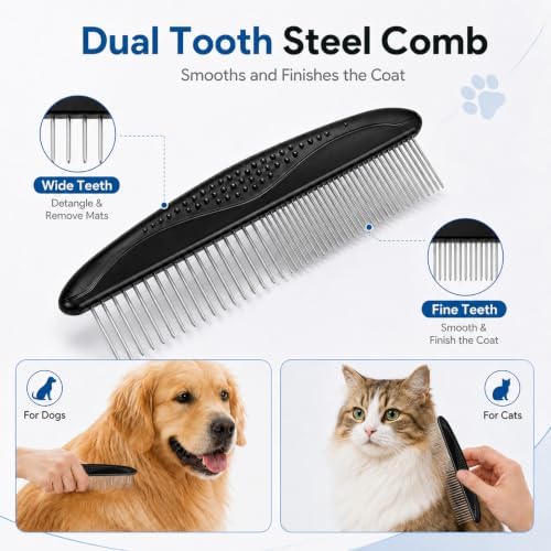 Double-Sided Pet Grooming Rake Set of 4, with Metal Comb Flea Comb Bath Brush for Long & Short Haired Pets to Effectively Remove Tangles, Knots and Mats - Image 6