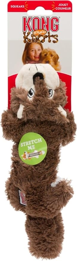 KONG Scrunch Knots 2 Pack Dog Toy – Stuffing-Free Plush with Internal Knotted Ropes & Squeaker – Durable Tug & Chew Toy (Squirrel, Small/Medium)