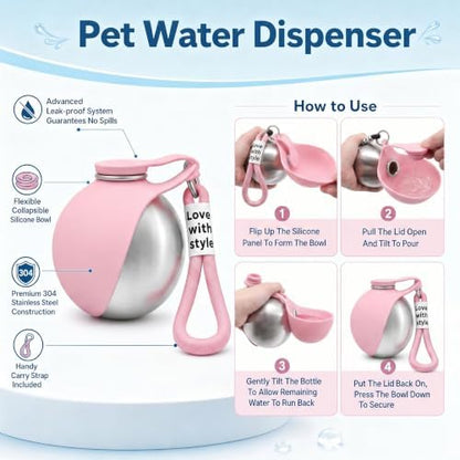 2 in 1 Portable Dog Water Bottle, 2026 New 10oz Spherical Stainless Steel Pet Bottle with Silicone Foldable Bowl,No-Spill Leak-Proof Design,Dog Water Bottle for Walking,Hiking & Travel & Camping-Pink - Image 2