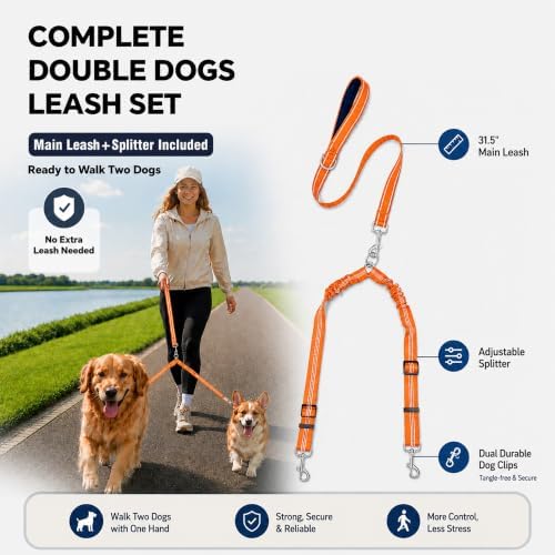 Double Dog Leash Padded Handle 360°Swivel No Tangle Dual Leash for Two Dogs - Image 2