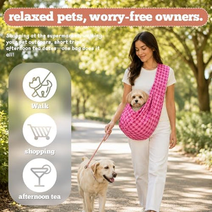 Dog Sling Carrier for Small Dogs and Cats 5–16 lbs, Puppy Carrier Sling with Safety Hook and Storage Pocket, Hands Free Pet Carrier Purse for Travel, Walking, Shopping (Pink Houndstooth) - Image 7