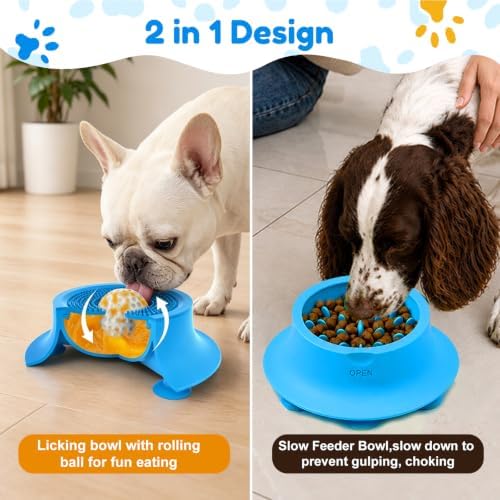Dog Licking Bowl with Rolling Ball,Slow Feeder Dog Bowl Small Breed-Blue - Image 2