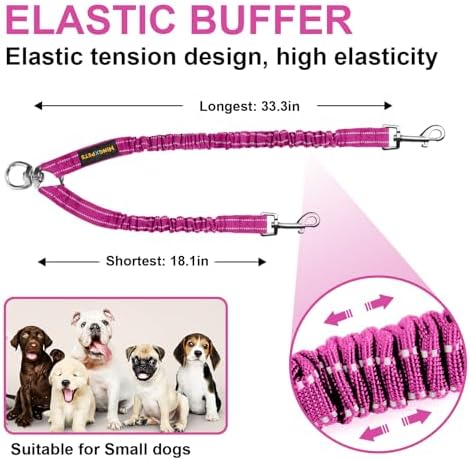 MingXpet 2 Dog Leash, Dog Leash for 2 Dogs, 360° Swivel No Tangle Double Walking Training Leashes for Small Dogs, Comfortable Shock Absorbing Reflective Bungee, Rose - Image 2