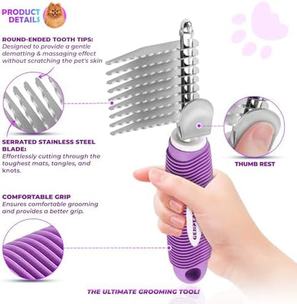 GENPEPADO Dematting Undercoat Rake Comb for Dogs & Cats with Long 2.5-In Stainless Steel Safety Blades for Removing Knots, Mats & Tangles - Pet Grooming Deshedding Brush Tool with Anti-Slip Grip - Image 2