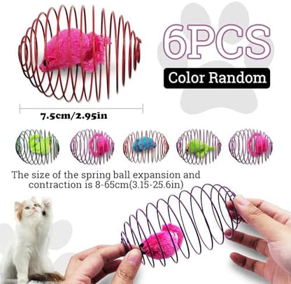 Andiker 6Pcs Cat Spring Toys, 3.9'' Colorful Cat Spring Balls with Mice Interactive Cat Toys Stretchable Metal Cage Balls Spring Cat Toy for Cats Swatting, Hunting Kitten Toys - Image 2