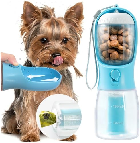 Portable Water Bottle for Small Dogs, 3 in 1 Pet Travel Bowl Dispenser with Food Treat Container & Poop Bag Holder, Summer Hiking Walking Accessories for Puppy On The Go - Blue, 10oz by MoonyMars